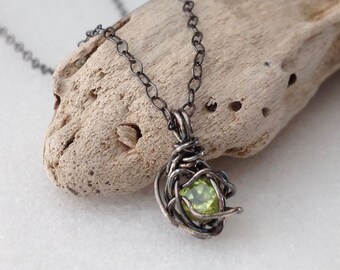 Arizona Peridot Sterling Silver Cage Pendant Necklace Green Stone August Birthstone Leo Tiny Dainty Small Gemstone Oxidized Silver Gift Wrap