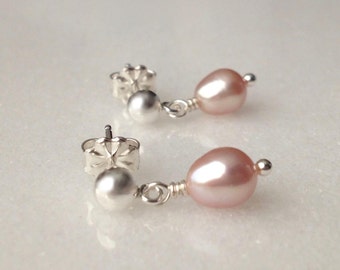 Pink Pearl Cultured Freshwater Sterling Silver Dangle Drop Stud Post Earrings June Birthstone Gemini Small Dainty Simple Minimal Gift Wrap