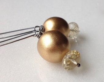 Citrine Golden Wood Orb Sterling Silver Long Drop Dangle Earrings November Birthstone Scorpio Sagittarius Big Large Sphere Modern Gift Wrap