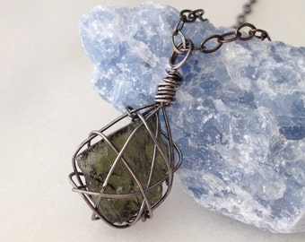 Medium Raw Moldavite Sterling Silver Cage Pendant Necklace Rough Green Stone Czech Natural Organic Gemstone Modern Oxidized Silver Gift Wrap