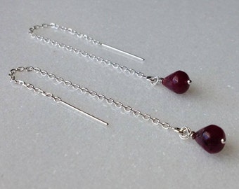 Red Ruby Threader Earrings July Birthstone Sterling Silver Long Drop Dangle Deep Dark Red Stone Dainty Tiny Teardrop Gemstone Gift Wrap