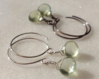 Prehnite Earrings Sterling Silver Drop Dangle Light Green Stone Teardrop Gemstone Small Modern Minimal Basic Shiny/Oxidized Silver Gift Wrap