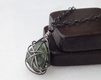 Small Raw Moldavite Sterling Silver Cage Pendant Necklace Rough Green Stone Czech Natural Organic Gemstone Modern Oxidized Silver Gift Wrap