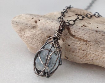 Medium Raw Blue Topaz Sterling Silver Cage Pendant Necklace Rough November Birthstone Light Blue Stone Gemstone Oxidized Silver Gift Wrap