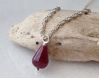 Red Ruby Necklace July Birthstone Sterling Silver Drop Pendant Deep Dark Red Stone Gemstone Small Tiny Teardrop Rope Chain Modern Gift Wrap