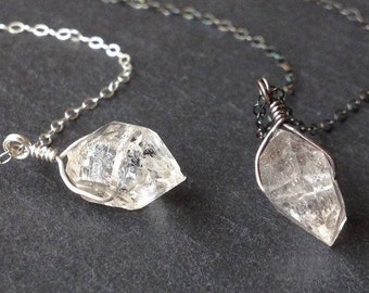 Raw Herkimer Diamond Quartz Sterling Silver Drop Pendant Necklace Rough Clear Black Stone Gemstone Modern Shiny Oxidized Silver Gift Wrap