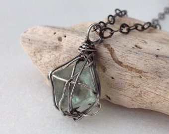 Green Fluorite Sterling Silver Cage Pendant Necklace Rough Geometric Octahedron Light Green Stone Modern Wrapped Oxidized Silver Gift Wrap