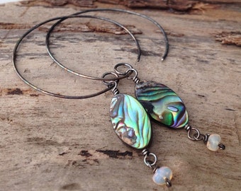 Abalone Welo Opal Sterling Silver Long Drop Dangle Large Hoop Earrings Iridescent October Birthstone Libra Rainbow Shell Oxidized Gift Wrap