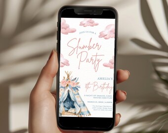 Slaapfeestje tent mobiele verjaardagsuitnodiging sjabloon, digitale meisjes sleepover verjaardag uitnodigen, kinderfeestje uitnodigen, roze boho tipi thema