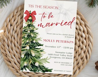 Christmas Bridal Shower Invitation Template, Tis the Season to Be Married Invite, Editable Winter Bow Invite, Holiday Bridal Party Printable
