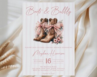 Boots and Bubbly Bridal Shower Invitation Template, Western Cowgirl Bridal Shower Invite, Pink Bow Rustic Country Shower, Editable Invite