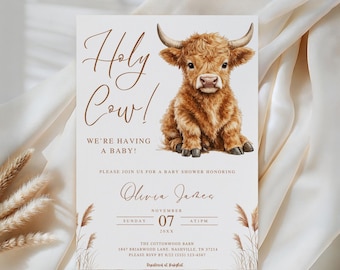 Plantilla de invitación para baby shower de vaca de las tierras altas, invitación rústica bohemia neutra, temática de vaca sagrada editable, tema imprimible de animales de granja.