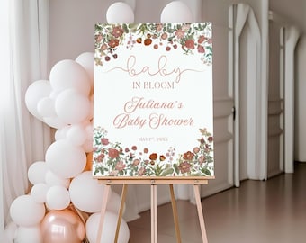 Baby In Bloom Baby Shower Welcome Sign Template, Floral Vintage Botanical Baby Sign, Spring Garden Shower Printable, Editable Baby Welcome