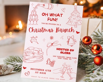 Christmas Brunch Party Invitation Template, Whimsical Doodle Christmas Invite, Hand-Drawn Breakfast Theme, Winter Holiday Party Printable