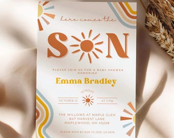 May include: A baby shower invitation with a retro design. The invitation features the words "Here Comes the Sun" in orange and the name "Emma Bradley." The date and time are also included, along with the location.