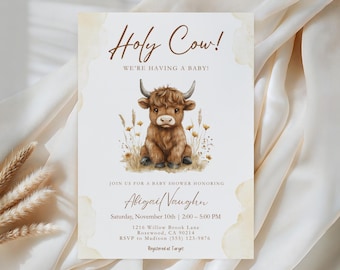 Plantilla de invitación para baby shower con temática de vaca de las Tierras Altas, invitación rústica neutra para baby shower, invitación editable en Canva con temática de vaca sagrada, baby shower de granja bohemia