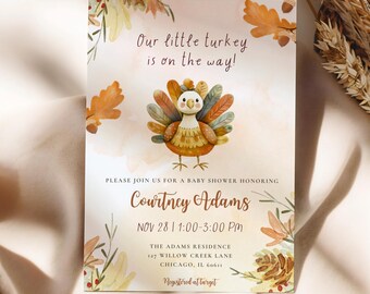 Little Turkey Is On The Way Baby Shower Invitation Template, Printable Fall Baby Shower Invite, Editable Thanksgiving Neutral Baby Invite