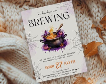 A Baby Is Brewing Halloween Baby Shower Invitation, Editable Witch Baby Shower Invitation, Spooky Baby Shower Invite, October Baby Shower