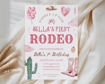 Plantilla de invitación de cumpleaños para niña con temática de rodeo, invitación de primer cumpleaños con temática de vaquera, fiesta de cumpleaños de vaquera del oeste, invitación de cumpleaños de estilo bohemio campestre.