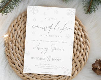 A Little Snowflake Is On The Way Baby Shower Invitation Template, Minimalist Winter Baby Invite, Gender Neutral Snowflake Baby Shower Theme