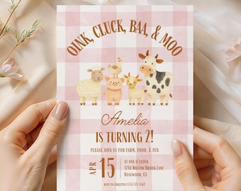 Bauernhoftiere 2. Geburtstagseinladung Mädchen, bearbeitbare rosa Gingham-Barnyard-Einladung, Oink Gluck Baa Moo-Party, Kleinkind-Farm-Geburtstagsvorlage