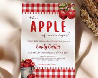 May include: A baby shower invitation with a red and white gingham border. The text reads "the APPLE of our eye!" with details for Emily Carter's baby shower, including the date, time, and location.