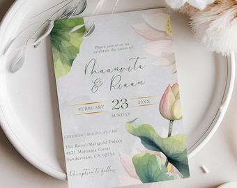 Indian Wedding Lotus Invitation Template, Floral Shaadi Invite, Elegant Lotus Blossom Wedding Card, South Asian Hindu Wedding Printable