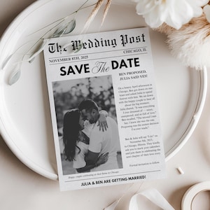 Newspaper Save the Date Template, Custom Wedding Announcement, Custom Wedding Newspaper Printable, Unique Save the Date, Canva Download