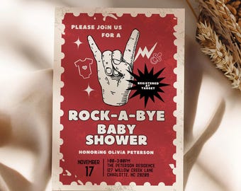 Könnte beinhalten: Rote Babyparty-Einladung mit Rock'n'Roll-Thema. Die Einladung zeigt eine Hand, die das Rock-Zeichen macht, den Text "ROCK-A-BYE BABY SHOWER" und das Datum 17. November.