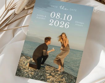 Sjabloon foto Save the Date, volledige foto bruiloft Save the Date, moderne minimalistische kaart, bewerkbare direct downloaden, foto nodigt koppel uit