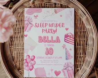 Zaproszenie na przyjęcie urodzinowe dla dziewczynek „Sleep Under”, zaproszenie na przyjęcie w różowej piżamie, wydrukowane piżamowe przyjęcie, szablon piżamowego przyjęcia urodzinowego, zaproszenie dla dziewczynek