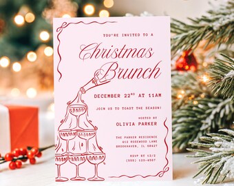 Whimsical Christmas Brunch Invitation Template, Hand Drawn Champagne Holiday Invite, Christmas Party Printable, Editable Festive Bow Evite