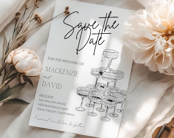 Champagne Tower Save the Date, Elegant Wedding Announcement, Printable Save the Date, Editable Canva Template, Champagne Wedding Theme
