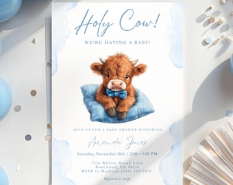 May include: Baby shower invitation with the text "Holy Cow! We're Having a Baby!" featuring a watercolor illustration of a brown calf wearing a blue bow tie. The invitation includes event details and is surrounded by blue balloons.