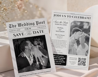 Wedding Newspaper Save the Date Template, Personalized Photo Newspaper Style Save the Date, Unique Vintage Wedding Announcement Printable
