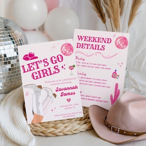Let&#39;s Go Girls Bachelorette Invitation & Itinerary, Disco Cowgirl Bach Party, Nashville Trip Canva Template, Editable Girls Weekend Schedule