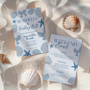 Seashells and Wedding Bells Bachelorette Invitation, Beach Bach Weekend Itinerary, Editable Canva Template, Coastal Bach Party Invite