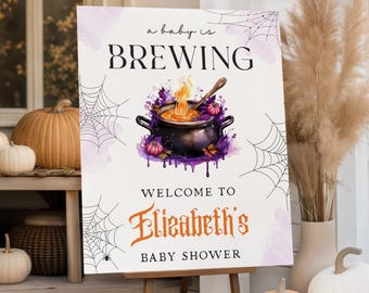 Willkommensschild „Ein Baby braut sich zusammen“ zur Halloween-Babyparty, personalisierbares Willkommensposter mit Hexenmotiv, süßes und gruseliges Eingangsschild zur Babyparty