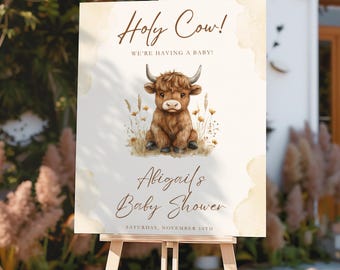 Highland Cow Baby Shower Welcome Sign Template, Rustic Boho Western Baby Shower Decor, Editable Canva Sign Printable, Country Farm Shower