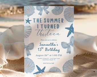 Der Sommer habe ich dreizehn Geburtstagseinladung Vorlage, Küsten Kokette 13.Geburtstag einladen, Muschel Teen Geburtstagsparty Einladung