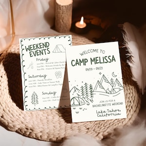 Plantilla de invitación para despedida de soltera en campamento, itinerario de fin de semana en cabaña, invitación editable en Canva, imprimible para despedida de soltera rústica, viaje de despedida de soltera en campamento
