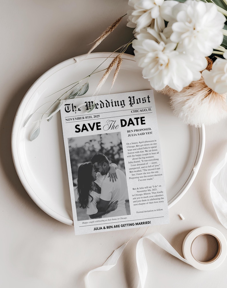 Newspaper Save the Date Template, Custom Wedding Announcement, Custom Wedding Newspaper Printable, Unique Save the Date, Canva Download