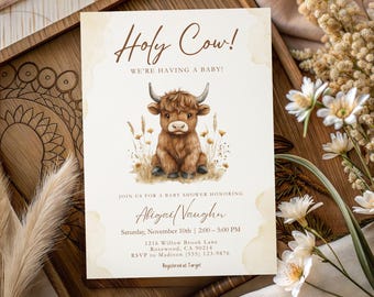 Highland Cow Baby Shower Invite Template, Neutral Rustic Baby Shower Invitation, Holy Cow Theme Editable Canva Invite, Boho Farm Baby Shower