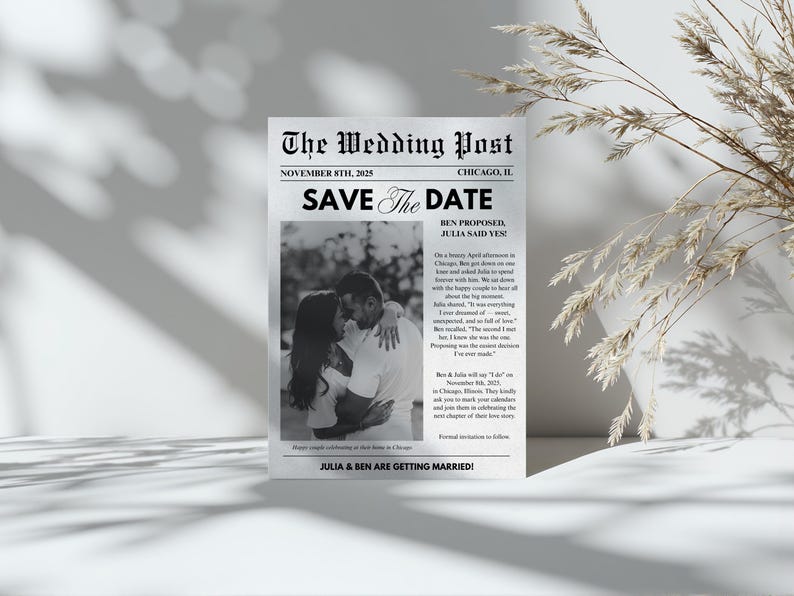 May include: A monochrome wedding announcement designed to look like a newspaper. The headline reads "The Wedding Post" with the date November 8th, 2025, and "Chicago, IL." The announcement includes a photo of a couple and the text "Save the Date."