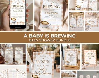 A Baby Is Brewing Baby Shower Bundle, Coffee Theme Baby Shower Decor, Editable Cafe Latte Invitation, Signs, Favor Tags, Game Templates