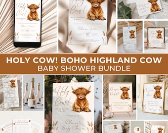 May include: A baby shower bundle with a boho theme. The design features a watercolor illustration of a Highland cow. The text includes "Holy Cow!" and "We're having a baby!" on invitations, signs, and other stationery.