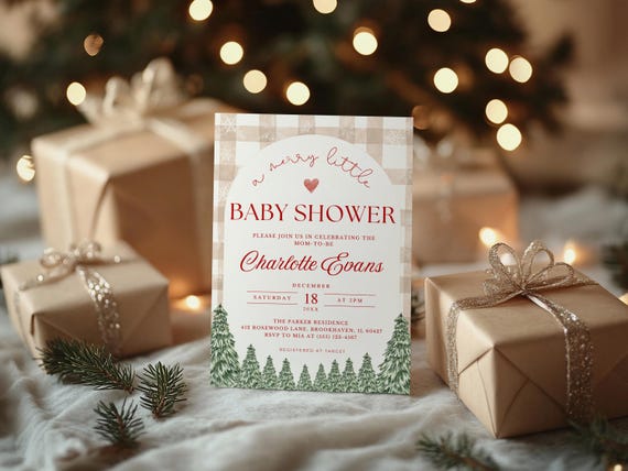 Merry Little Baby Shower Invitation Template, Rustic Winter Shower Invite, Editable Christmas Baby Shower, Plaid Neutral Holiday Printable