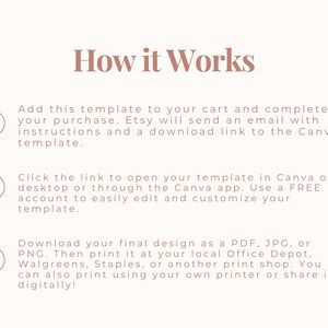 May include: A cream-coloured graphic with the text "How it Works" in a rose-coloured font. The steps to use a template are listed below the title, including downloading and printing the design. The Ponderosa Papers logo is in the bottom right corner.