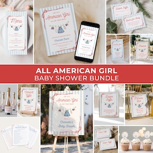 May include: A baby shower stationery bundle featuring a light blue and white striped pattern with red rope accents and illustrations of baby clothes on a clothesline. The set includes invitations, signs, game cards, tags, and cupcake toppers.