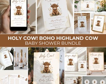 May include: A baby shower bundle with a boho highland cow theme. The set includes invitations, signs, cupcake toppers, and games. The design features a brown highland cow illustration with the text "Holy Cow! We're having a baby!"